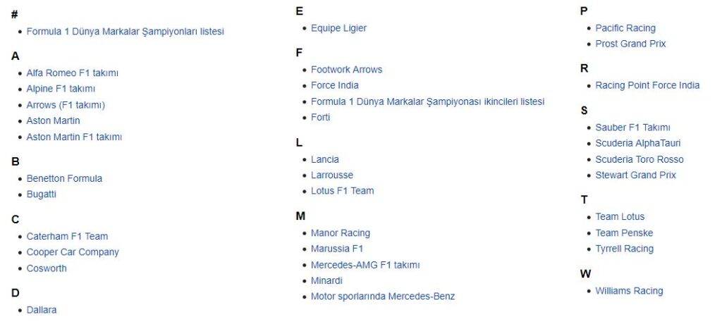 Formula 1 araba markaları